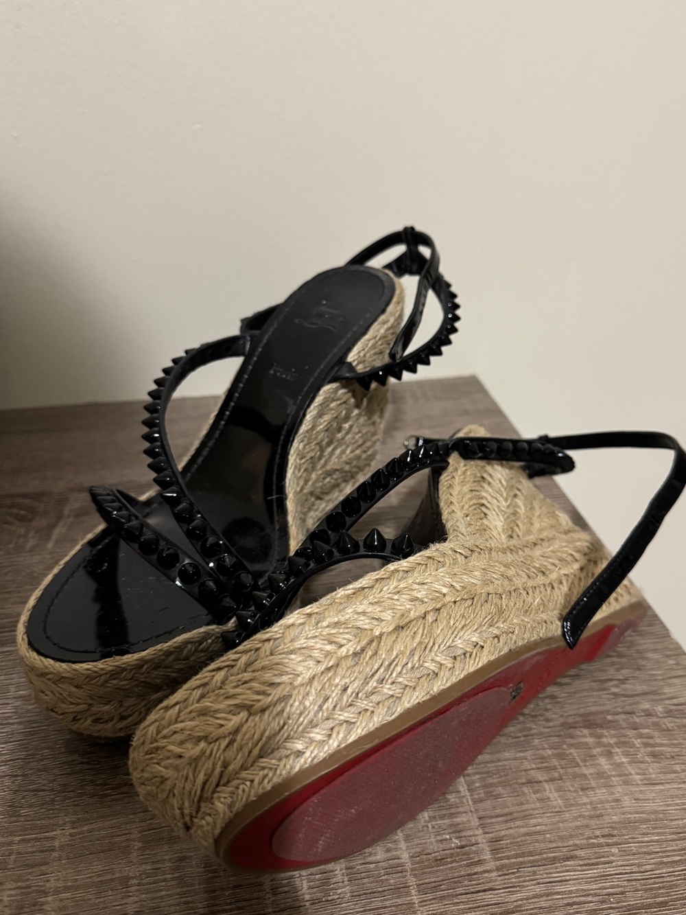 Christian Louboutin Black Patent Studded Espadrille Wedge Sandals